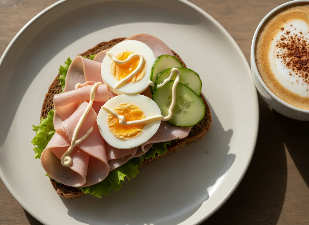 Schinkenbrot mit Ei und Cappuccino photo