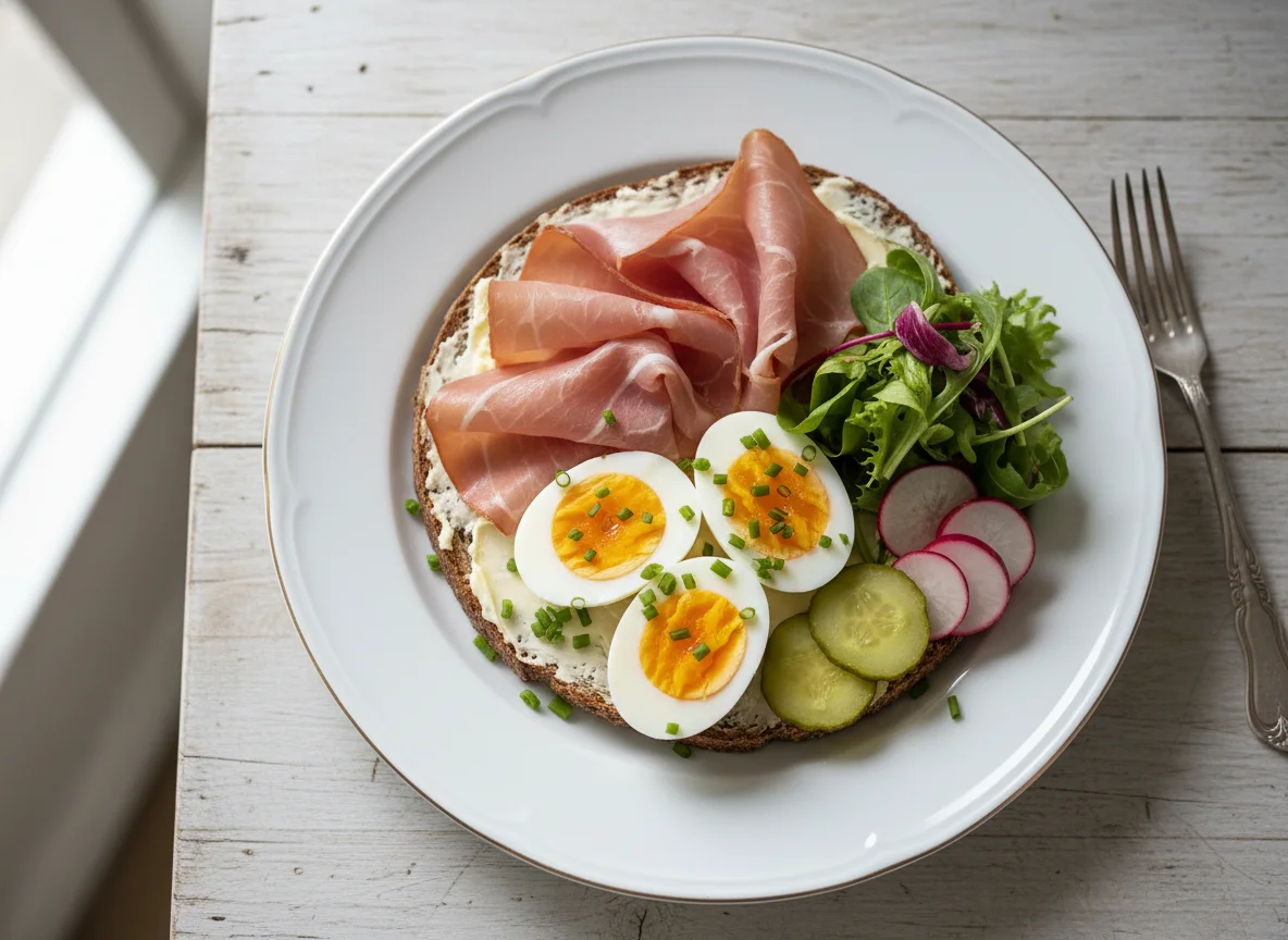 Schinkenbrot mit Ei und Essiggurken photo