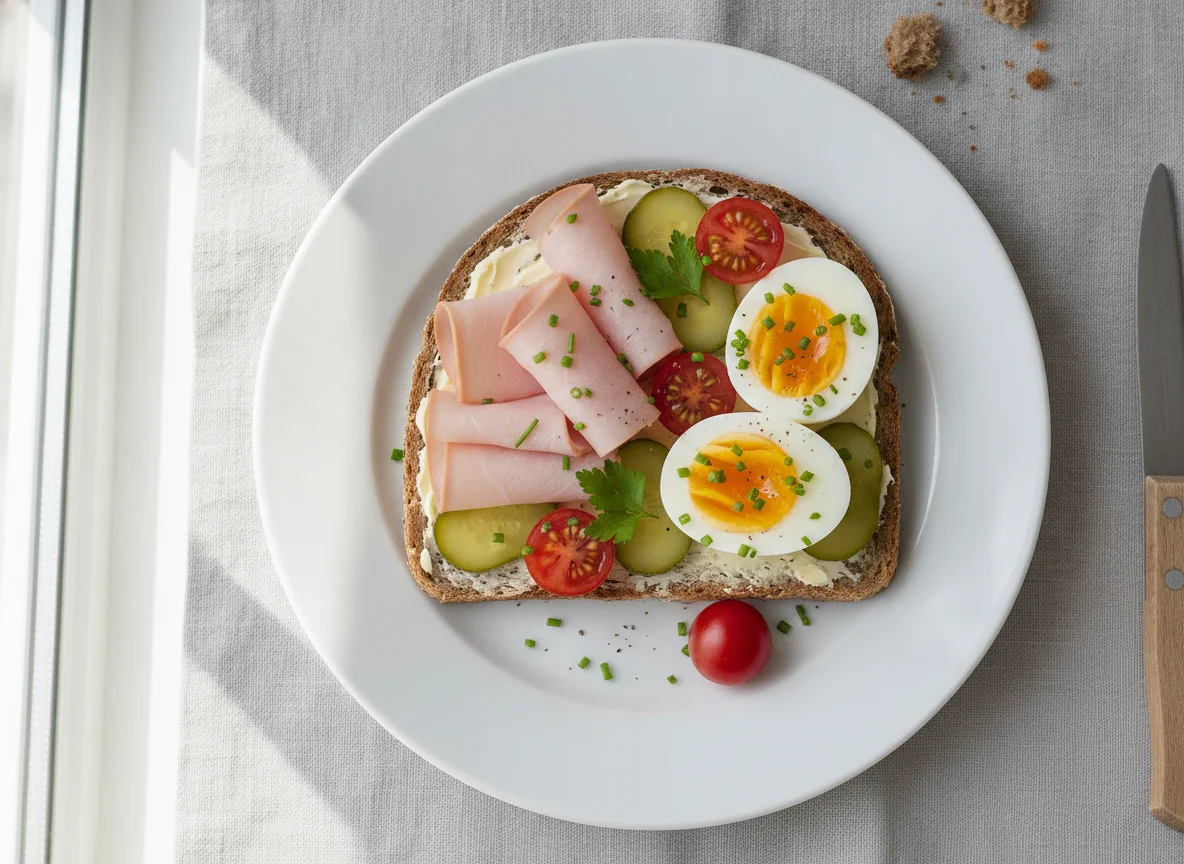 Schinkenbrot mit Ei und Gemüse photo