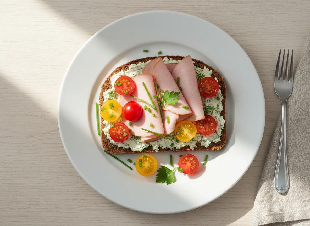 Schinkenbrot mit Frischkäse und Kirschtomaten photo