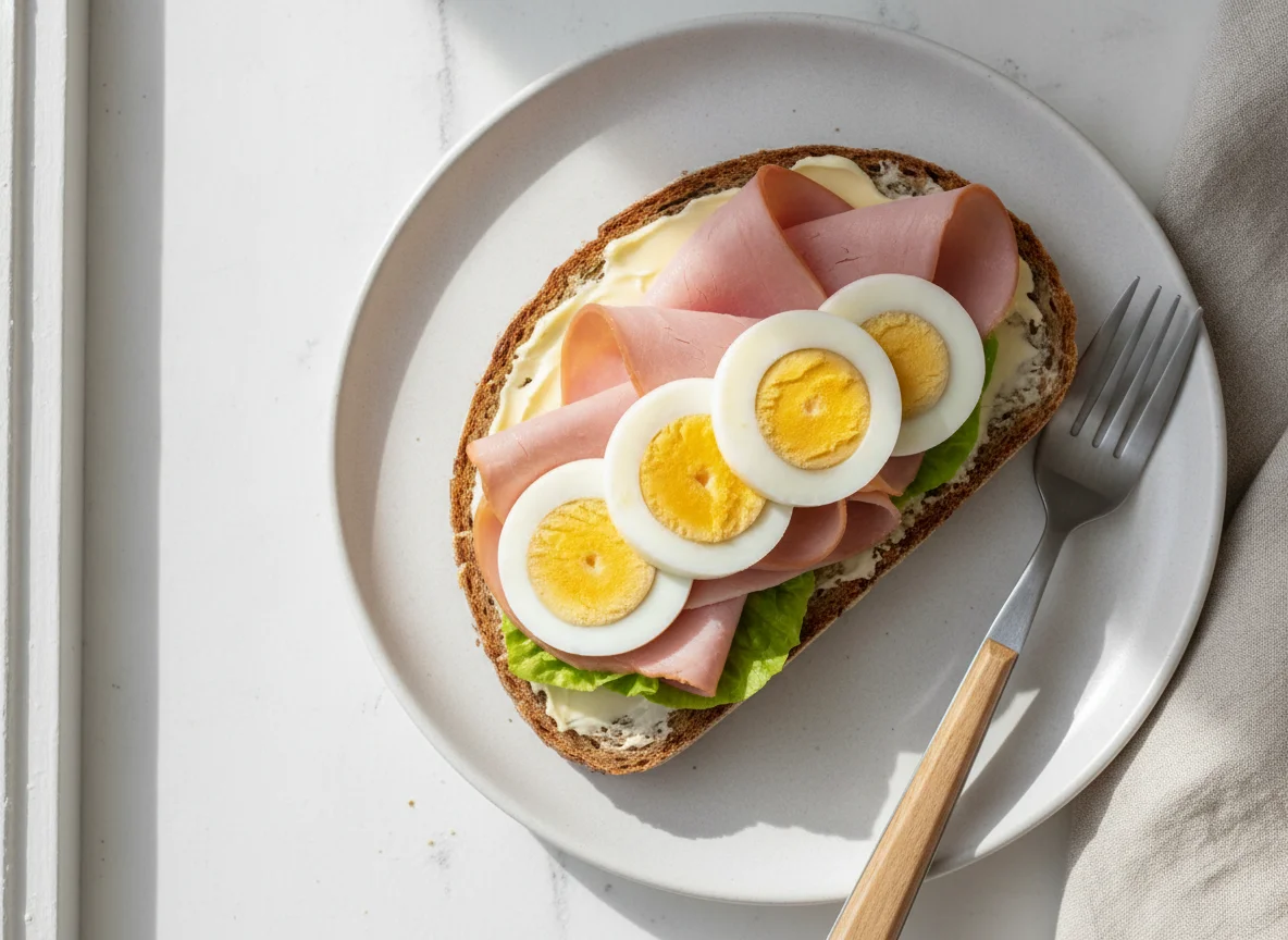 Schinkenbrot mit gekochtem Ei photo