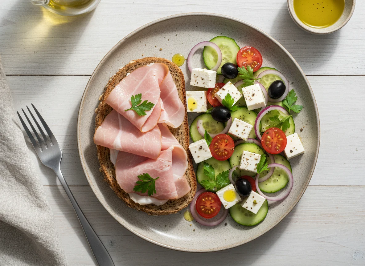 Schinkenbrot mit griechischem Salat photo