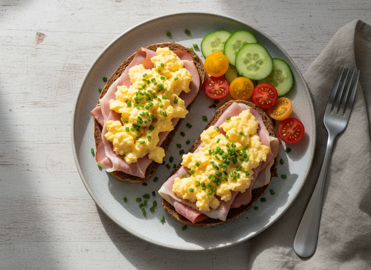 Schinkenbrot mit Rührei, Gurken und Tomaten photo