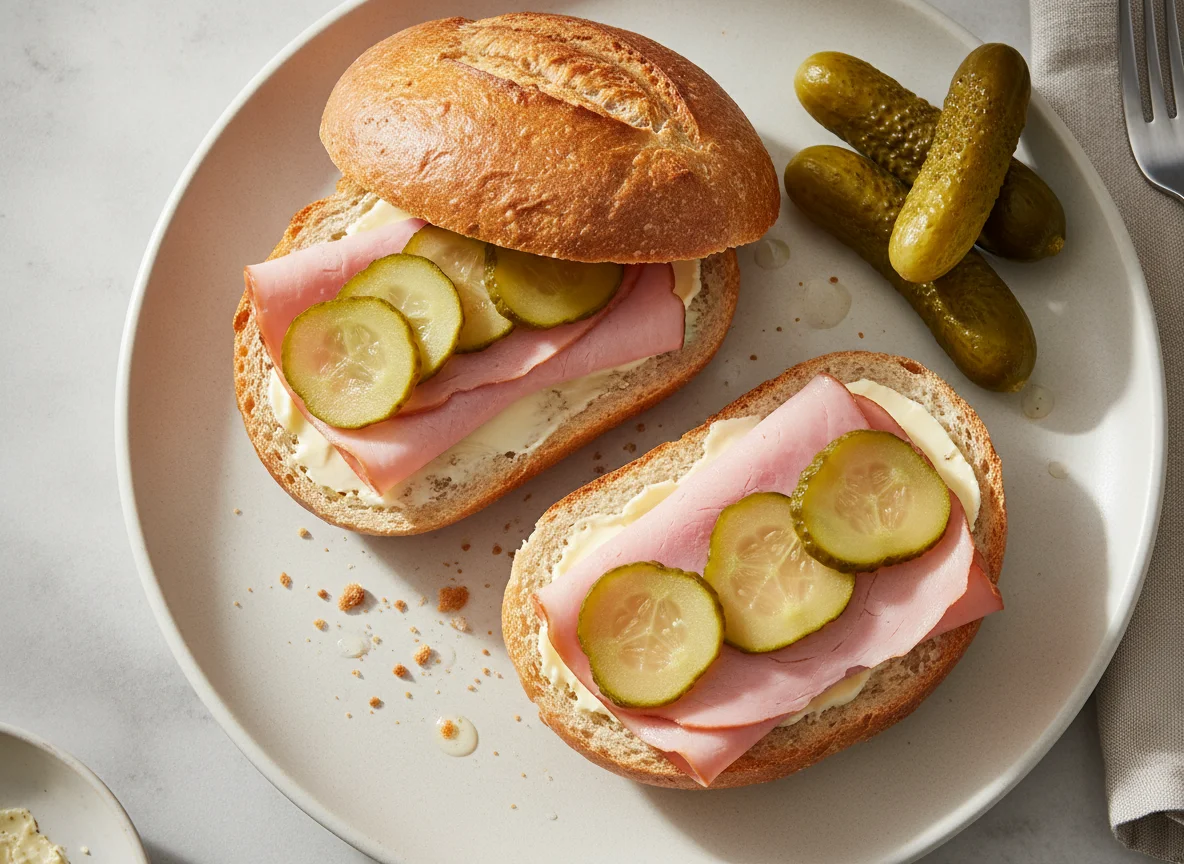 Schinkenbrötchen mit Gewürzgurke photo