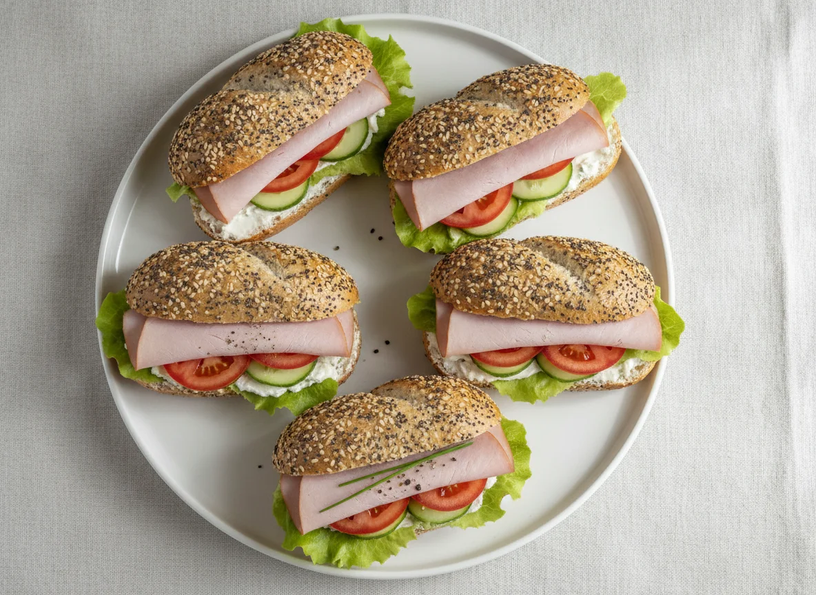 Schinkenbrötchen mit Mohn und Sesam photo