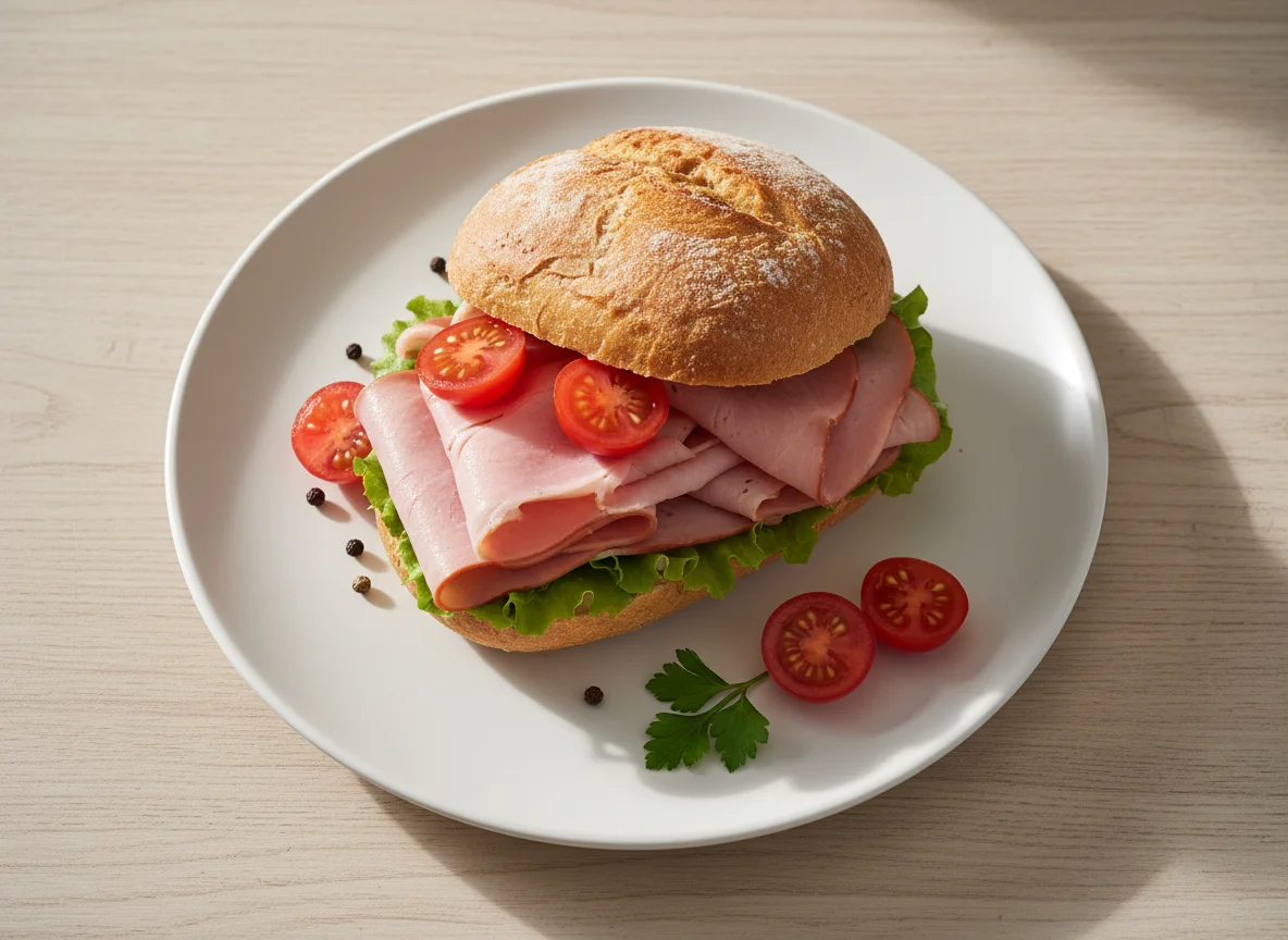 Schinkenbrötchen mit Salat und Tomate photo
