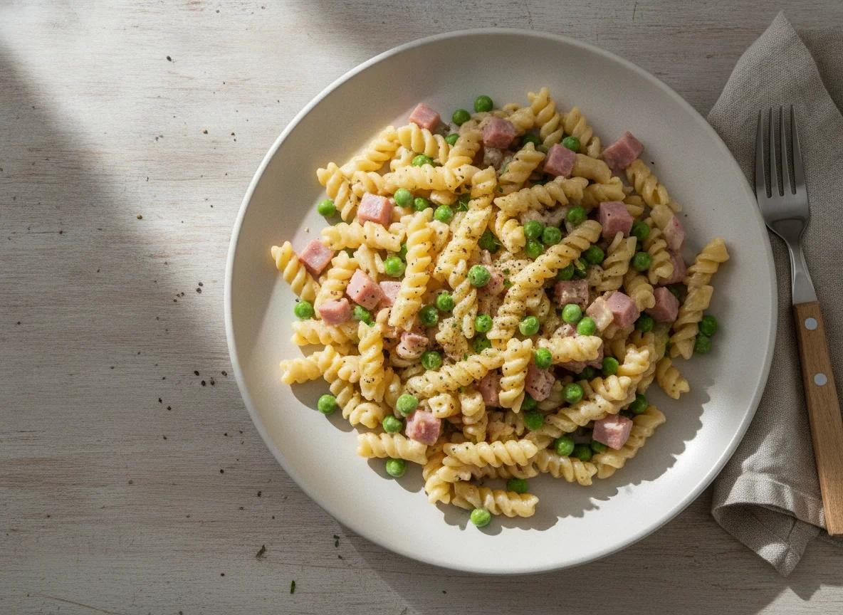 Schinkenfleckerl mit Erbsen photo