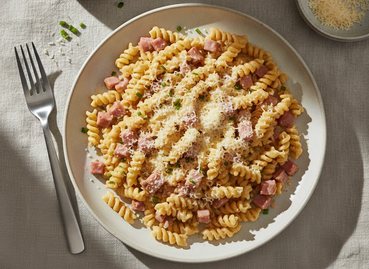 Schinkenfleckerl mit Fusilli photo
