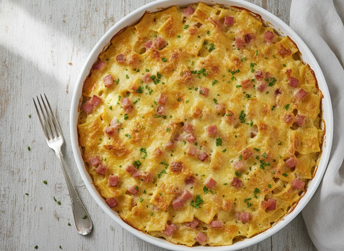 Schinkenfleckerl mit Käse überbacken photo