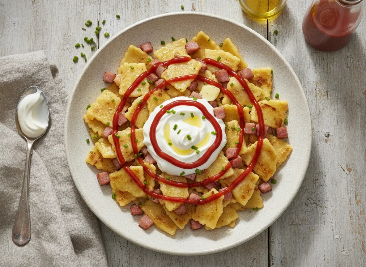 Schinkenfleckerl mit Ketchup photo