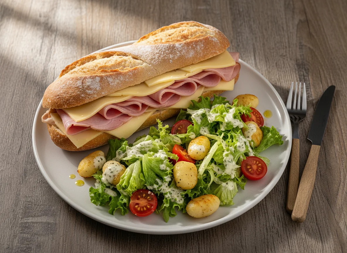 Schinken-Käse-Baguette mit Beilagensalat photo