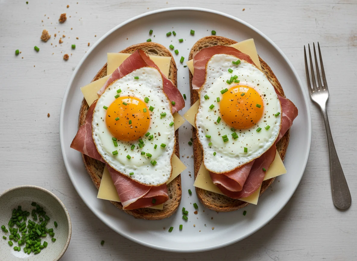 Schinken-Käse-Brot mit Eiern photo