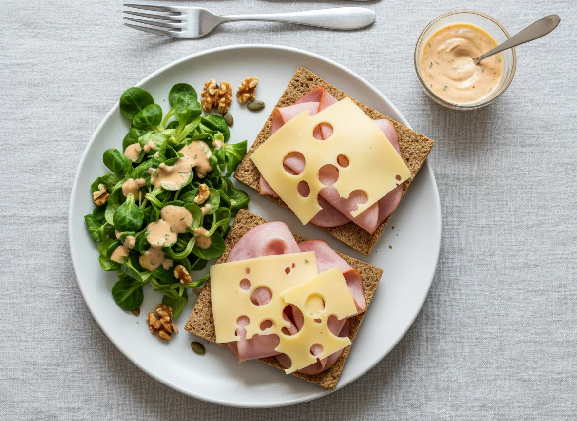 Schinken-Käse-Brot mit Nüsslisalat photo
