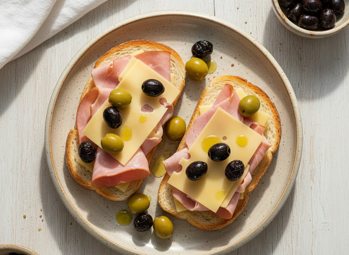 Schinken-Käse-Brot mit Oliven photo