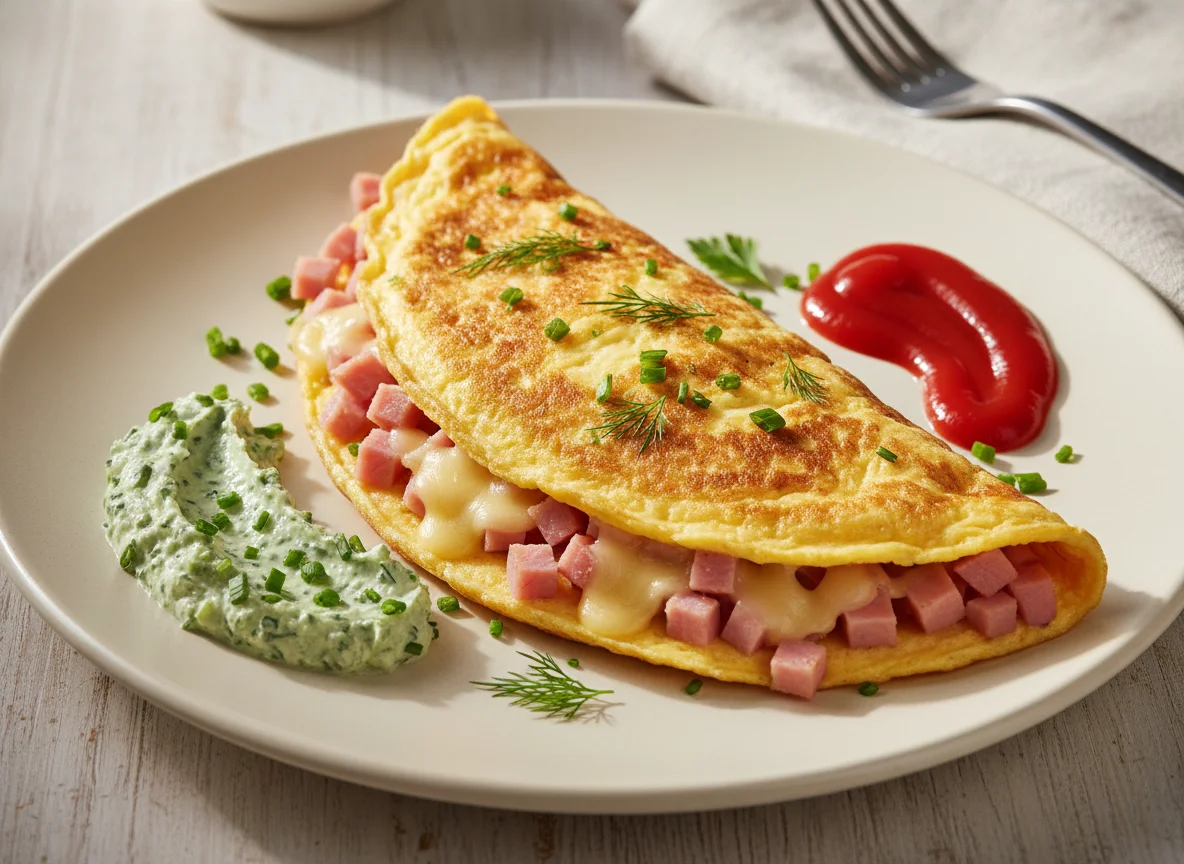 Schinken-Käse-Omelett mit Kräuteraufstrich und Ketchup photo