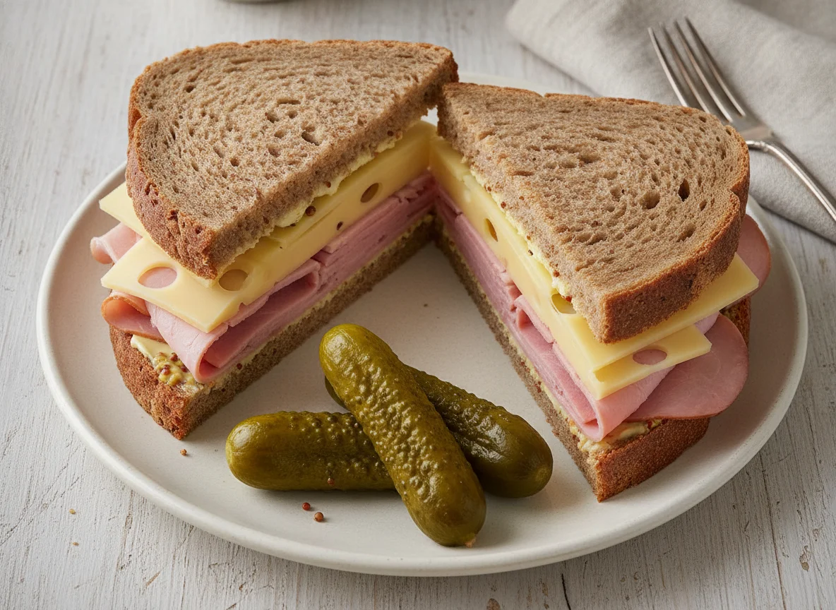 Schinken-Käse-Sandwich mit Gewürzgurken photo