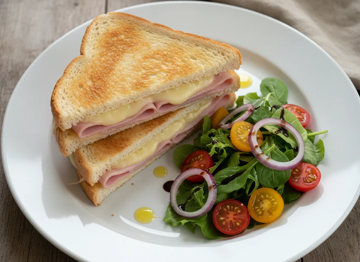 Schinken-Käse-Toast mit Beilagensalat photo