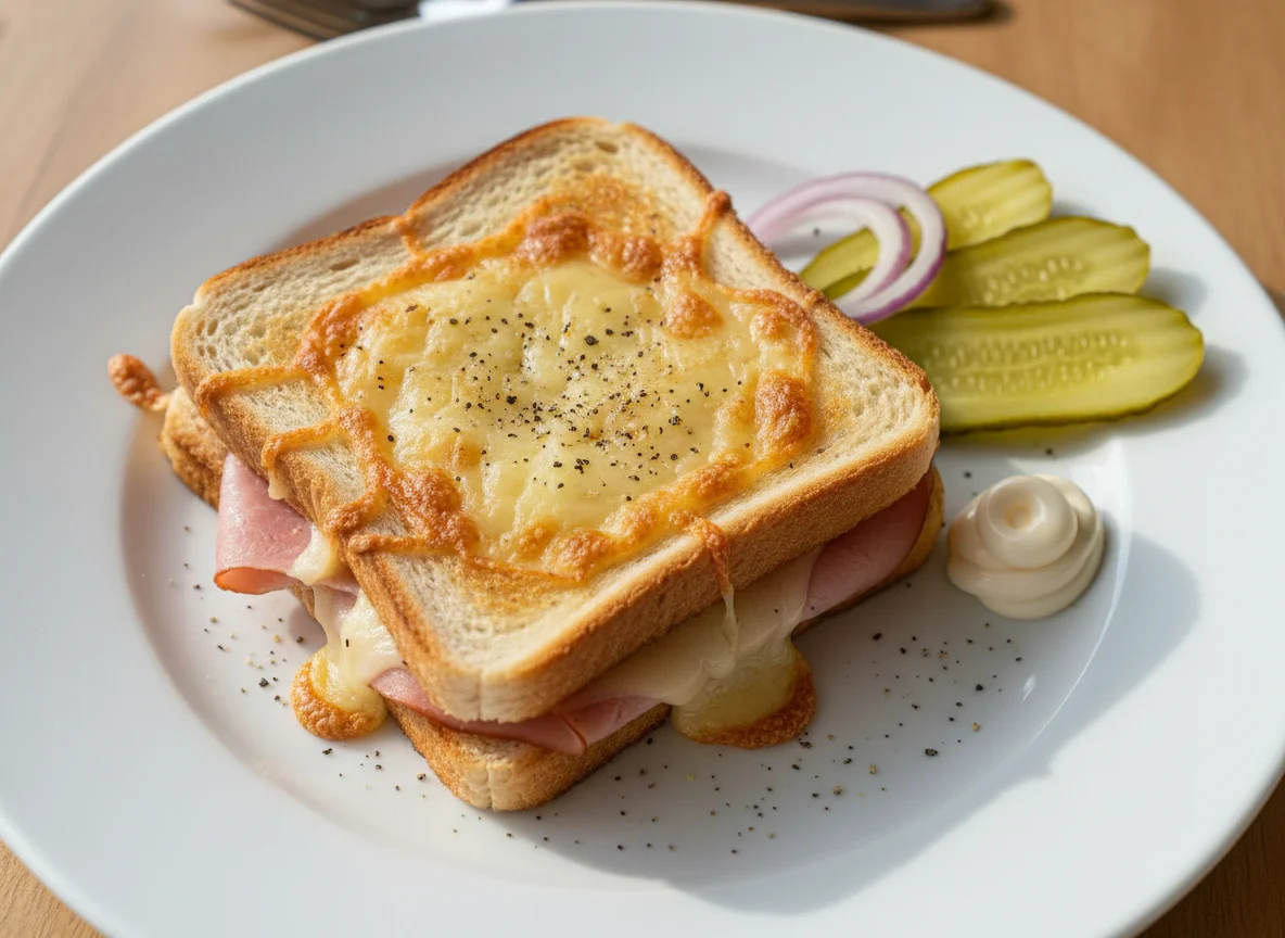Schinken-Käse-Toast mit Gewürzgurken photo