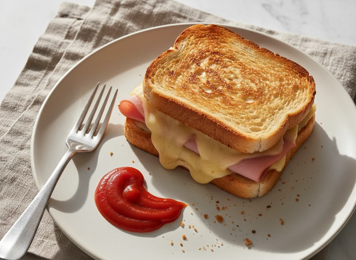 Schinken-Käse-Toast mit Ketchup photo