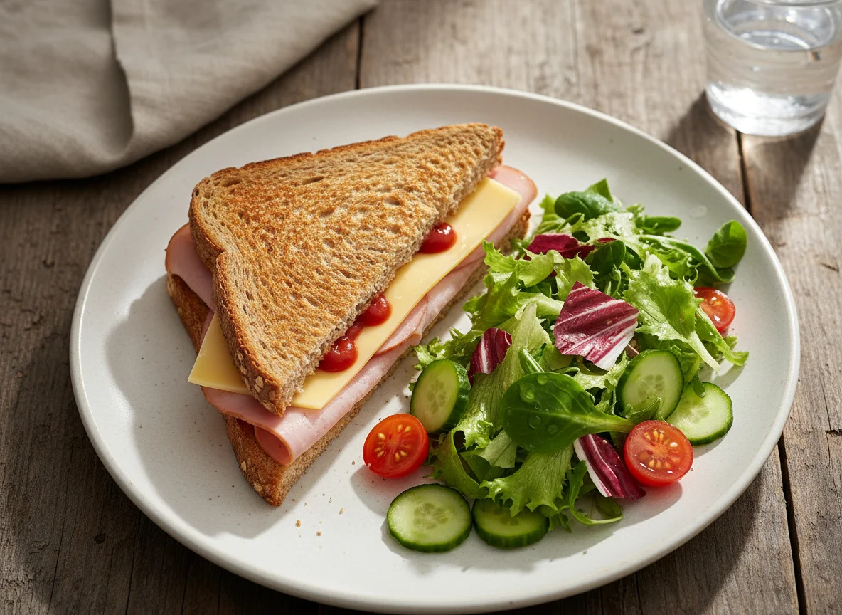 Schinken-Käse-Toast mit Salat photo