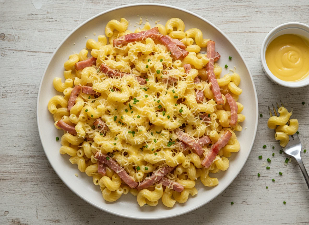 Schinkennudeln mit Käse-Sahne-Soße photo