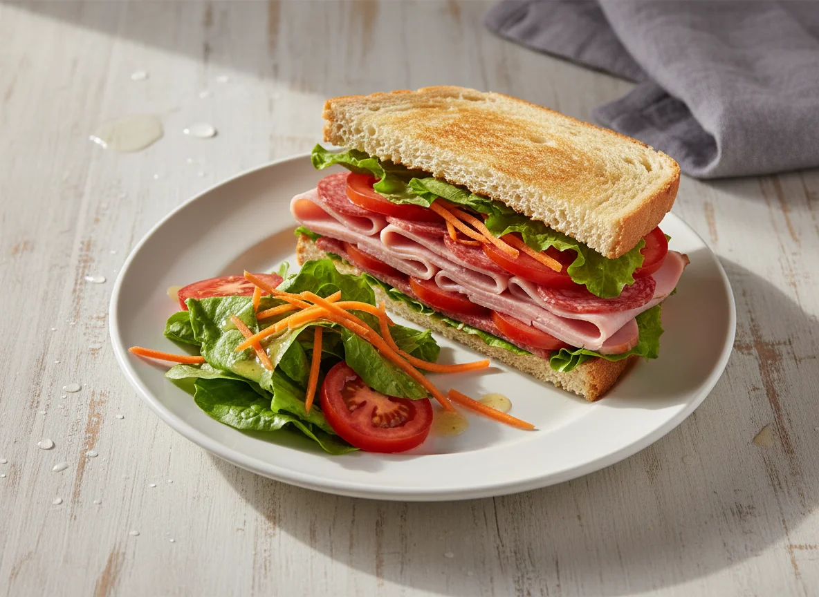 Schinken-Sandwich mit Beilagensalat photo