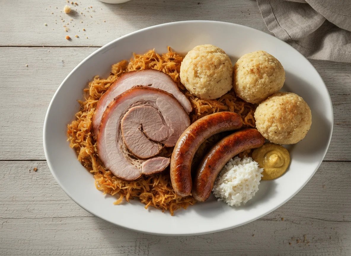 Schlachtplatte mit Kraut und Knödel photo