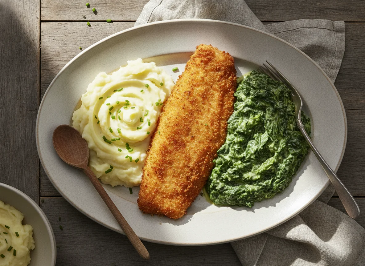 Schlemmerfilet mit Kartoffelpüree und Rahmspinat photo