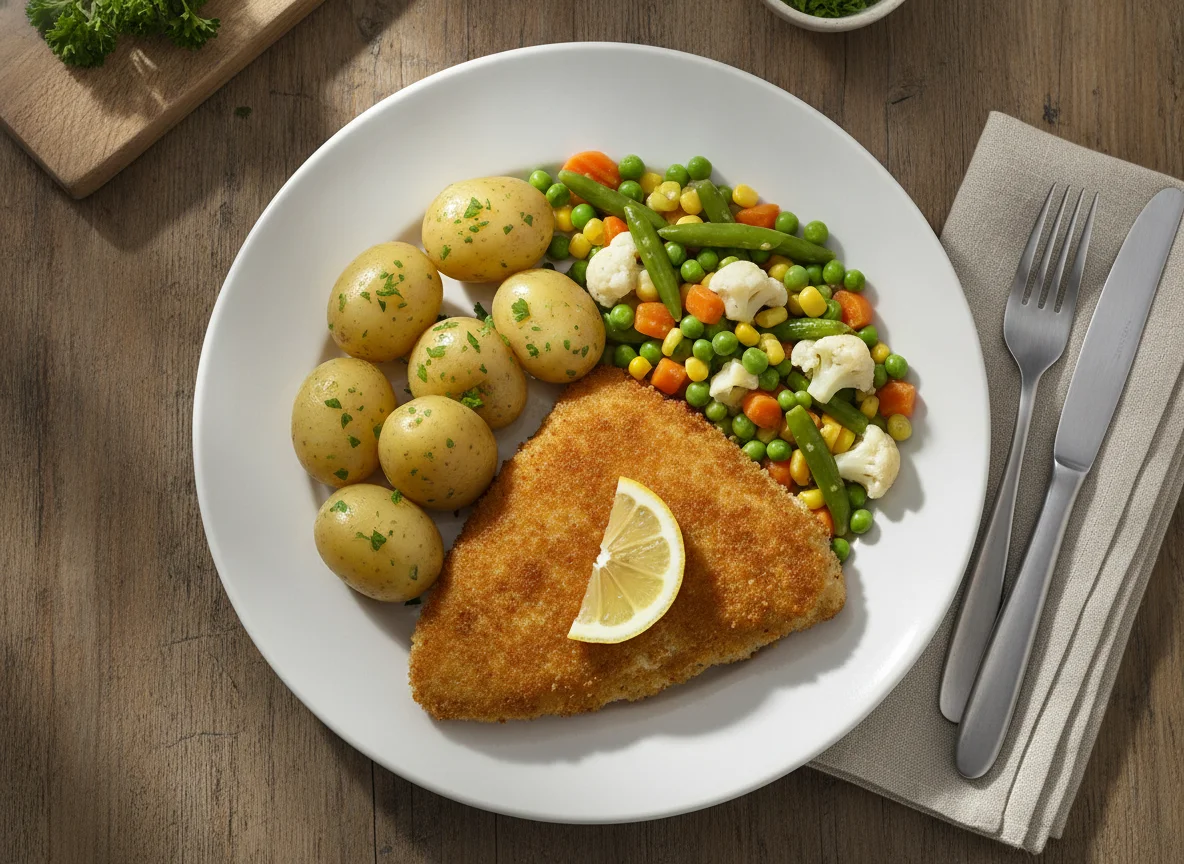 Schlemmerfilet mit Salzkartoffeln und Mischgemüse photo
