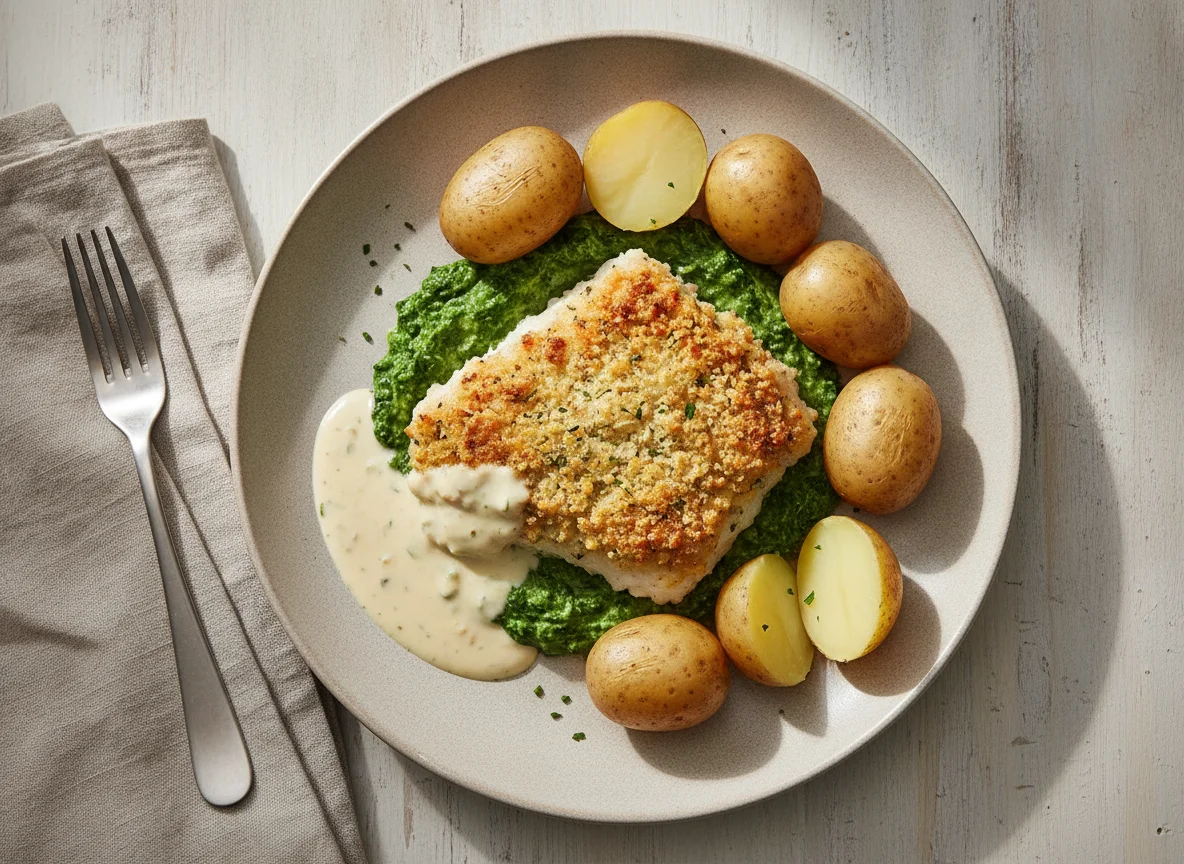 Schlemmerfilet mit Salzkartoffeln und Rahmspinat photo