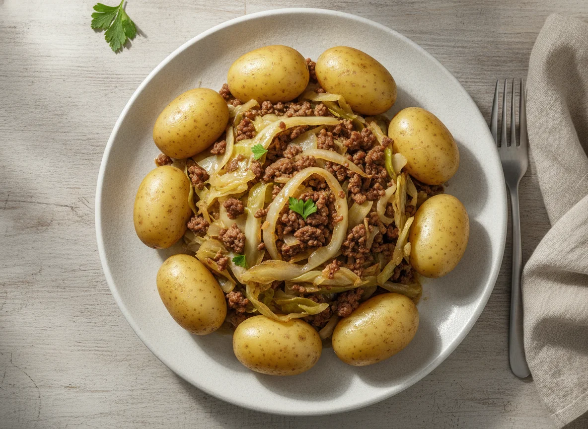 Schmorkohl mit Hackfleisch und Salzkartoffeln photo