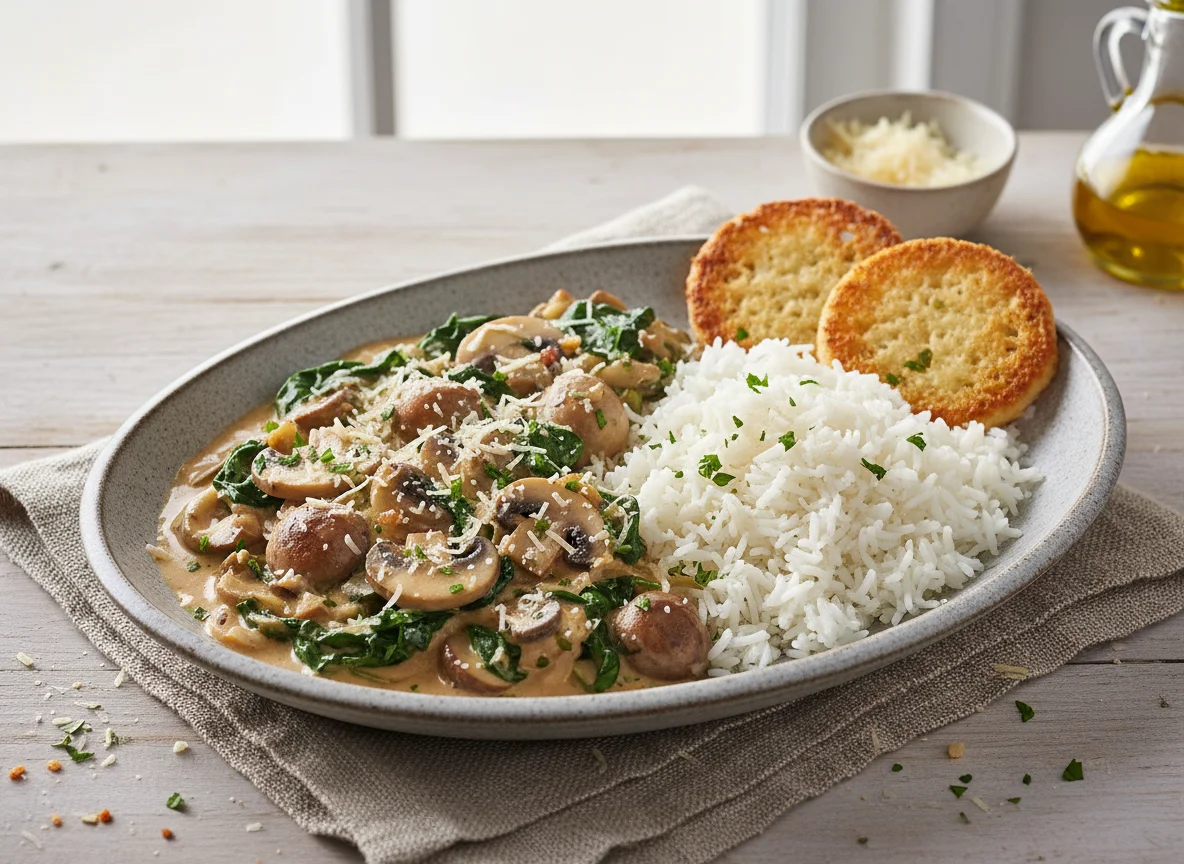 Schnelles Champignon-Spinat-Stroganoff mit Basmatireis und Käsetalern photo