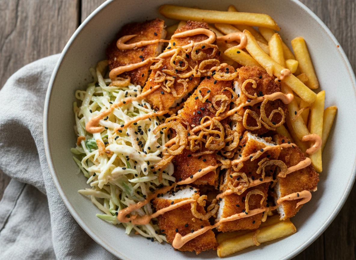 Schnitzel Bowl mit Krautsalat und Röstzwiebeln photo