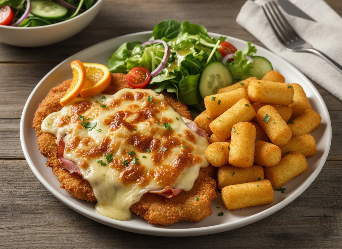 Schnitzel Cordon Bleu Art mit Kroketten und Salat photo