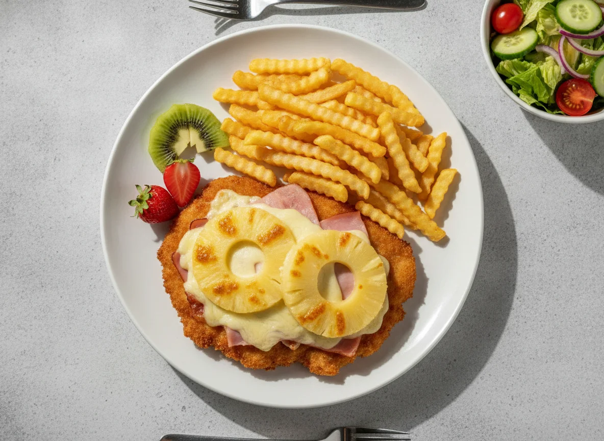 Schnitzel Hawaii mit Pommes und Beilagensalat photo