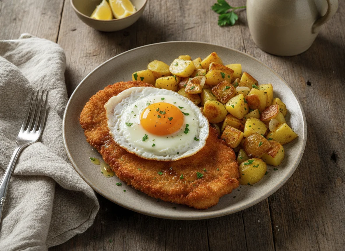 Schnitzel Holstein mit Bratkartoffeln photo