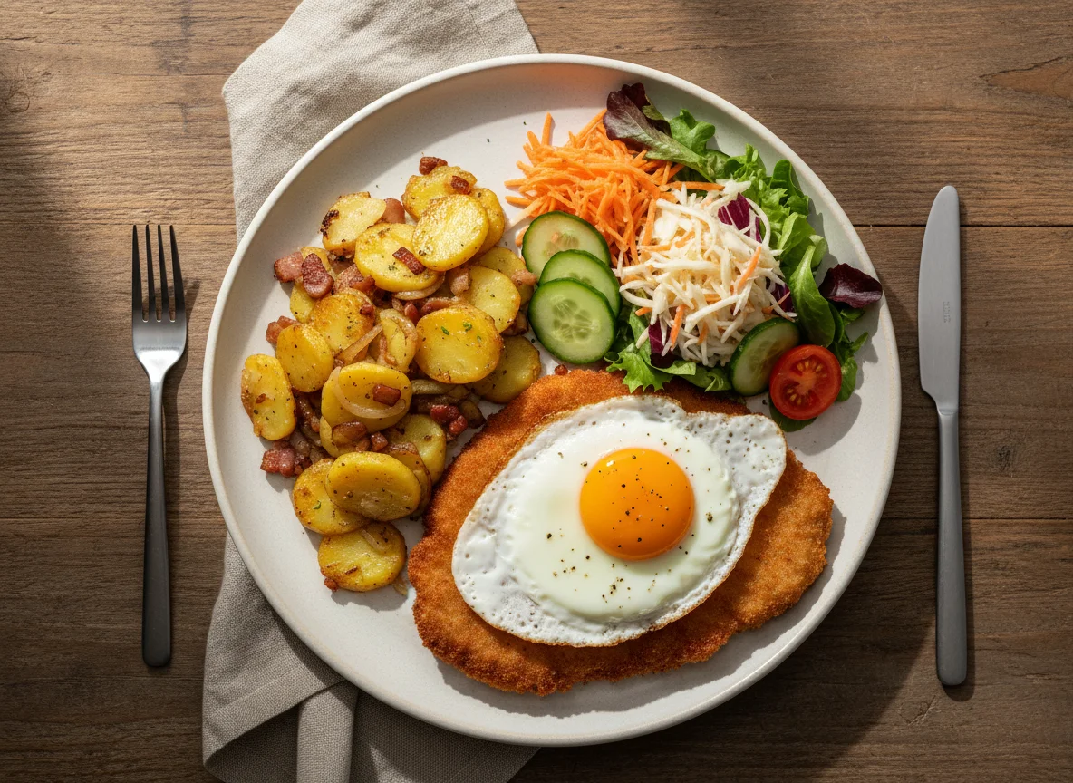 Schnitzel Holstein mit Bratkartoffeln und Beilagensalat photo