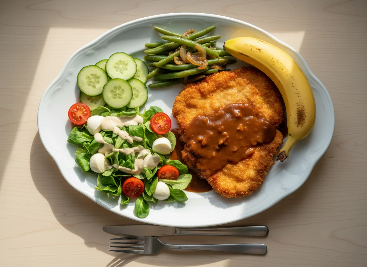 Schnitzel mit Beilagen und Banane photo