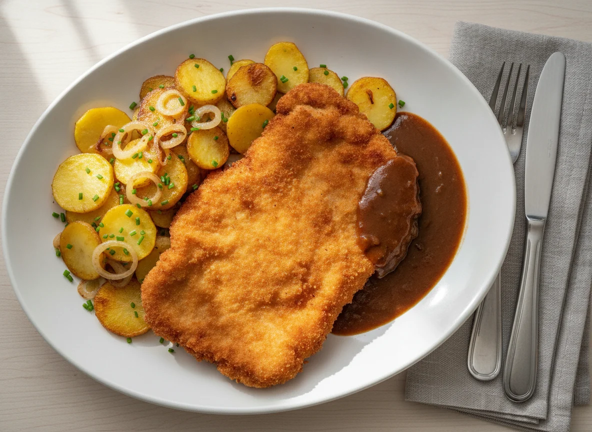 Schnitzel mit Bratkartoffeln und Bratensoße photo