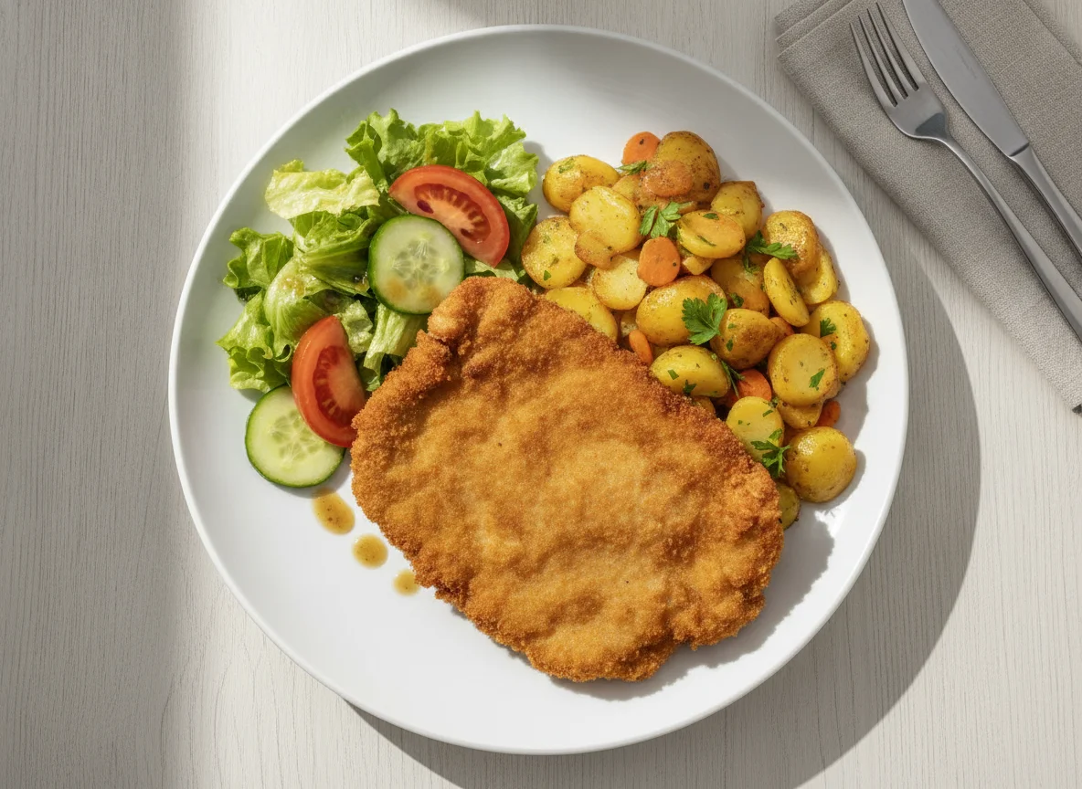 Schnitzel mit Bratkartoffeln und gemischtem Salat photo