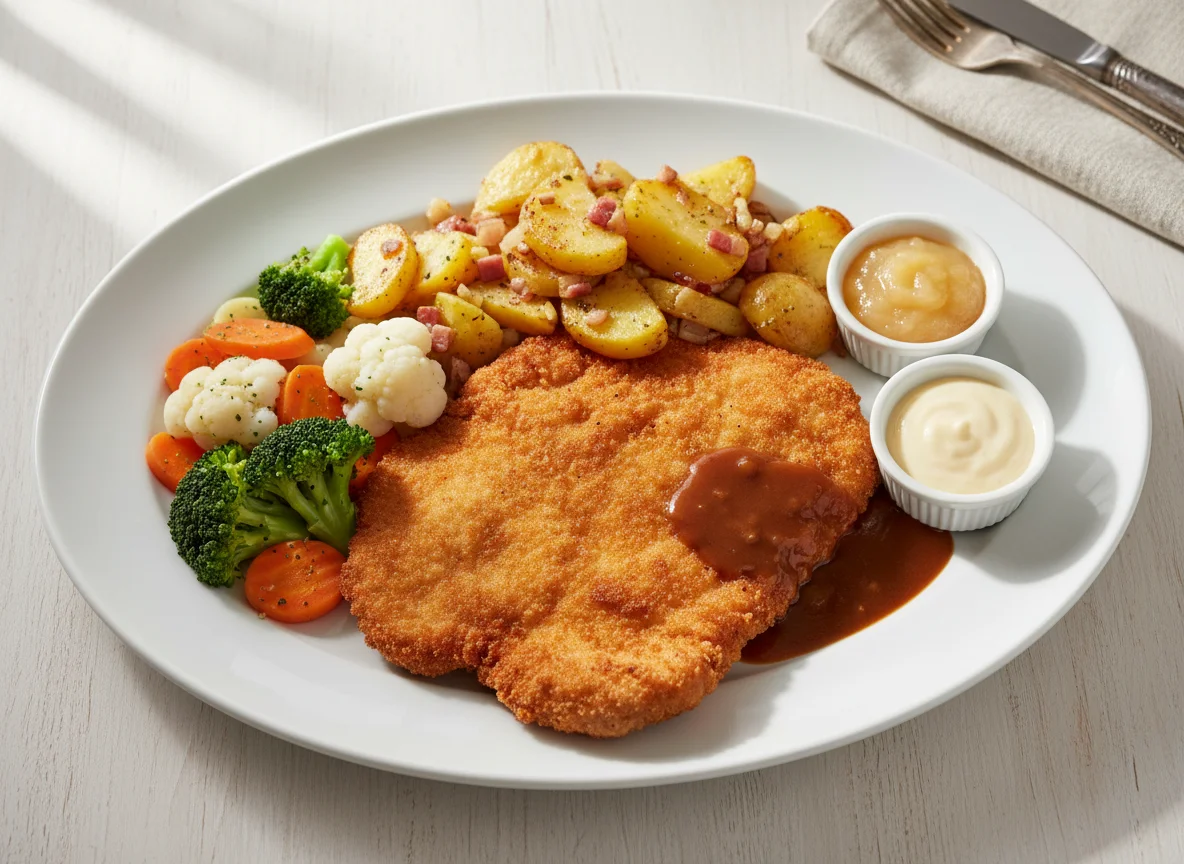 Schnitzel mit Bratkartoffeln und Gemüse photo
