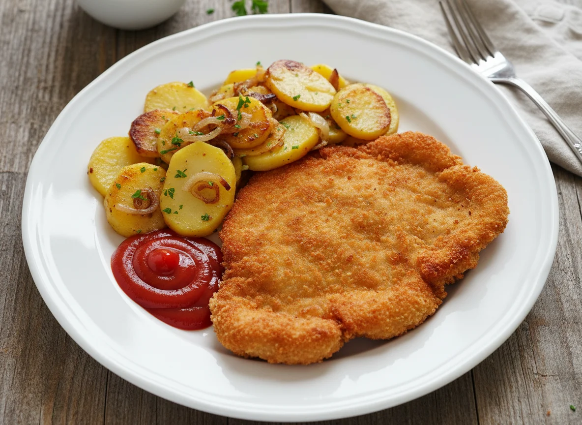 Schnitzel mit Bratkartoffeln und Ketchup photo