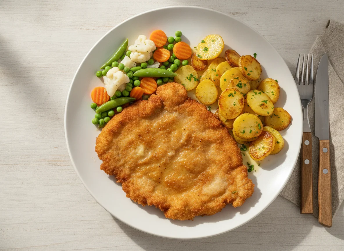 Schnitzel mit Bratkartoffeln und Mischgemüse photo