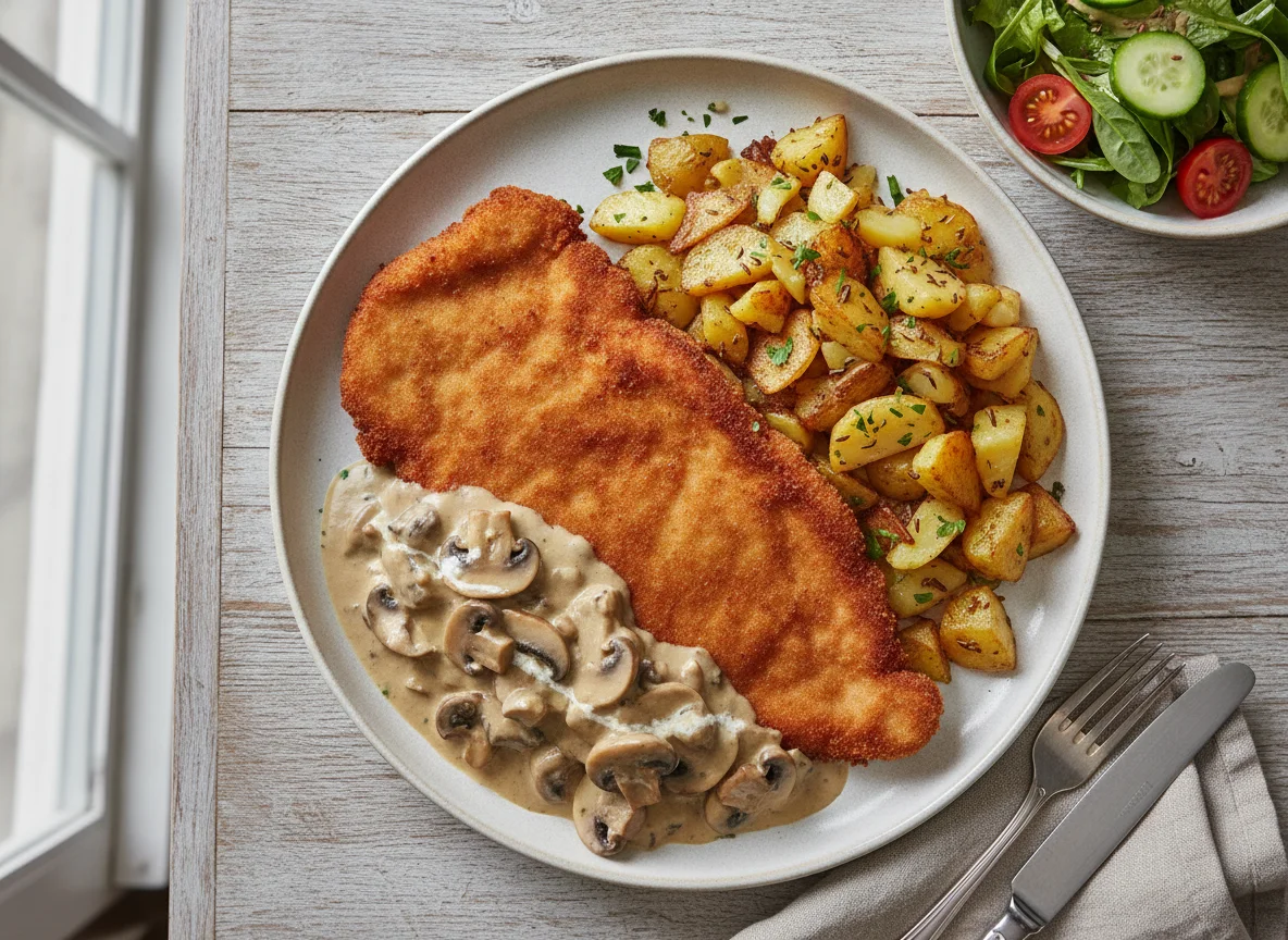 Schnitzel mit Bratkartoffeln und Pilzrahmsauce photo