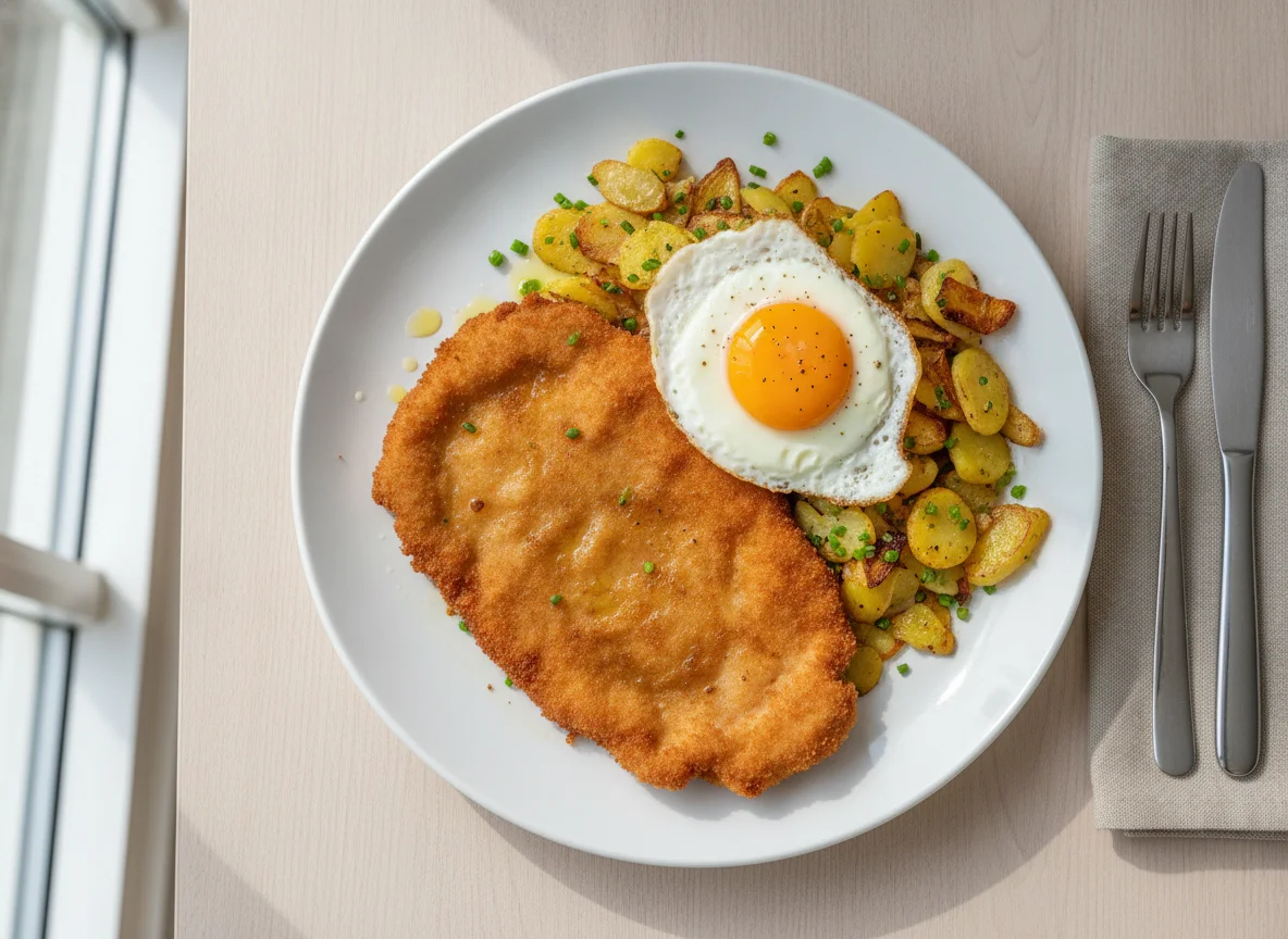 Schnitzel mit Bratkartoffeln und Spiegelei photo