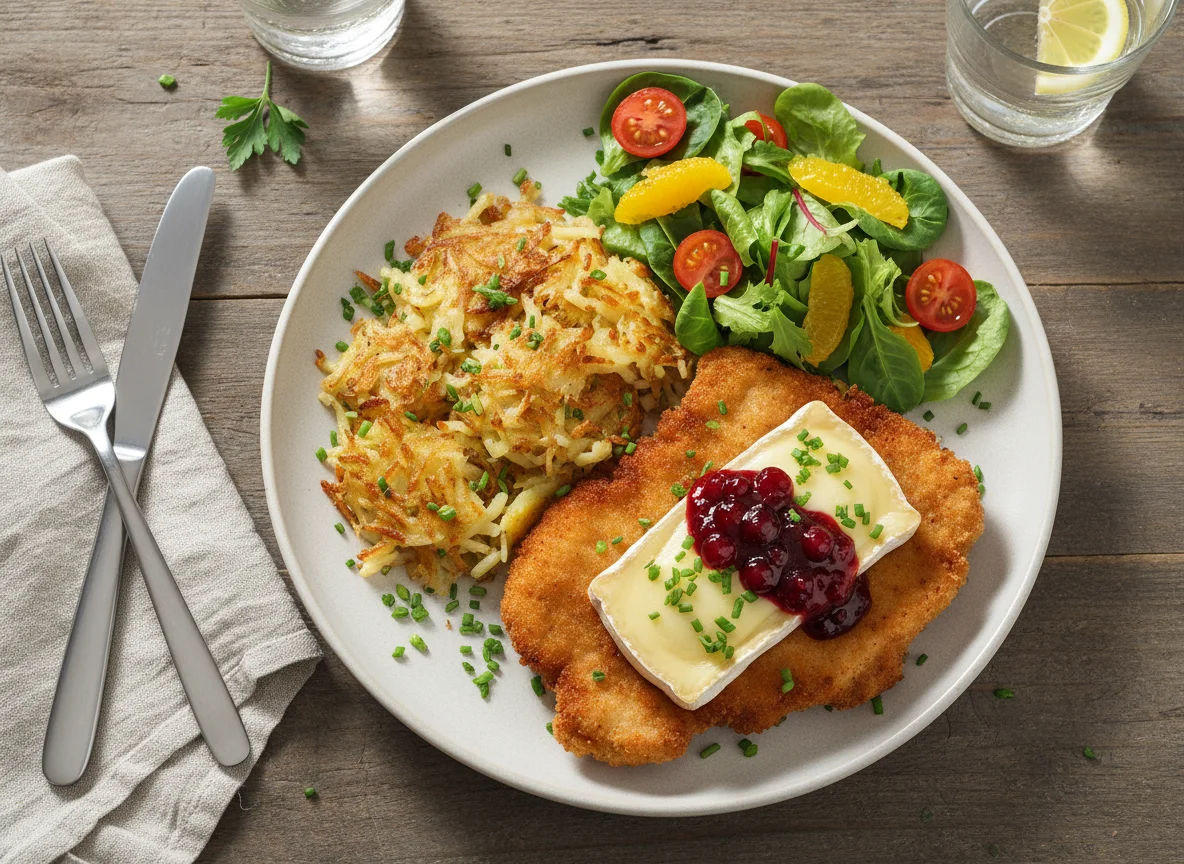 Schnitzel mit Camembert und Preiselbeeren, dazu Rösti photo