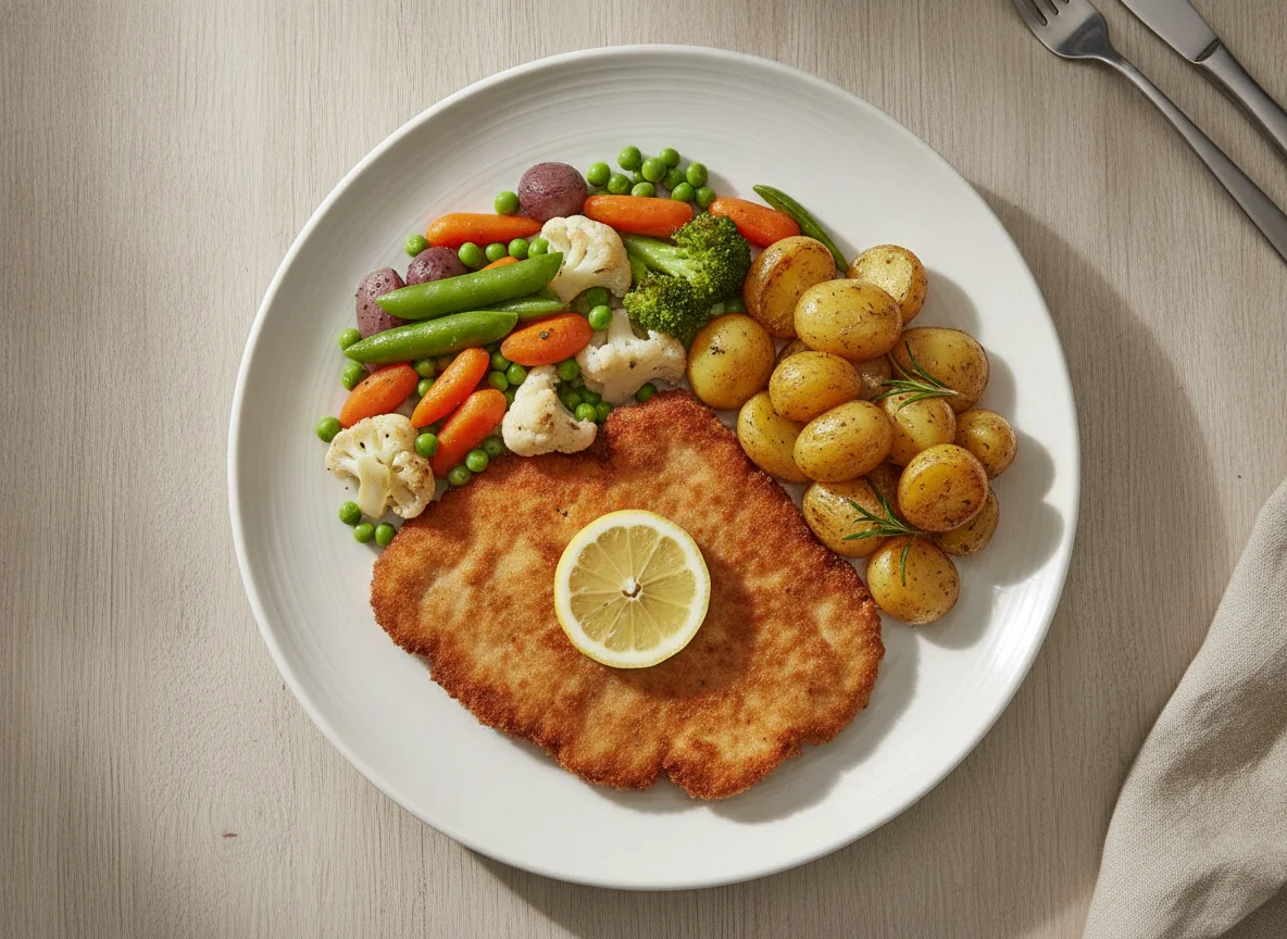 Schnitzel mit Gemüse und Kartoffeln photo