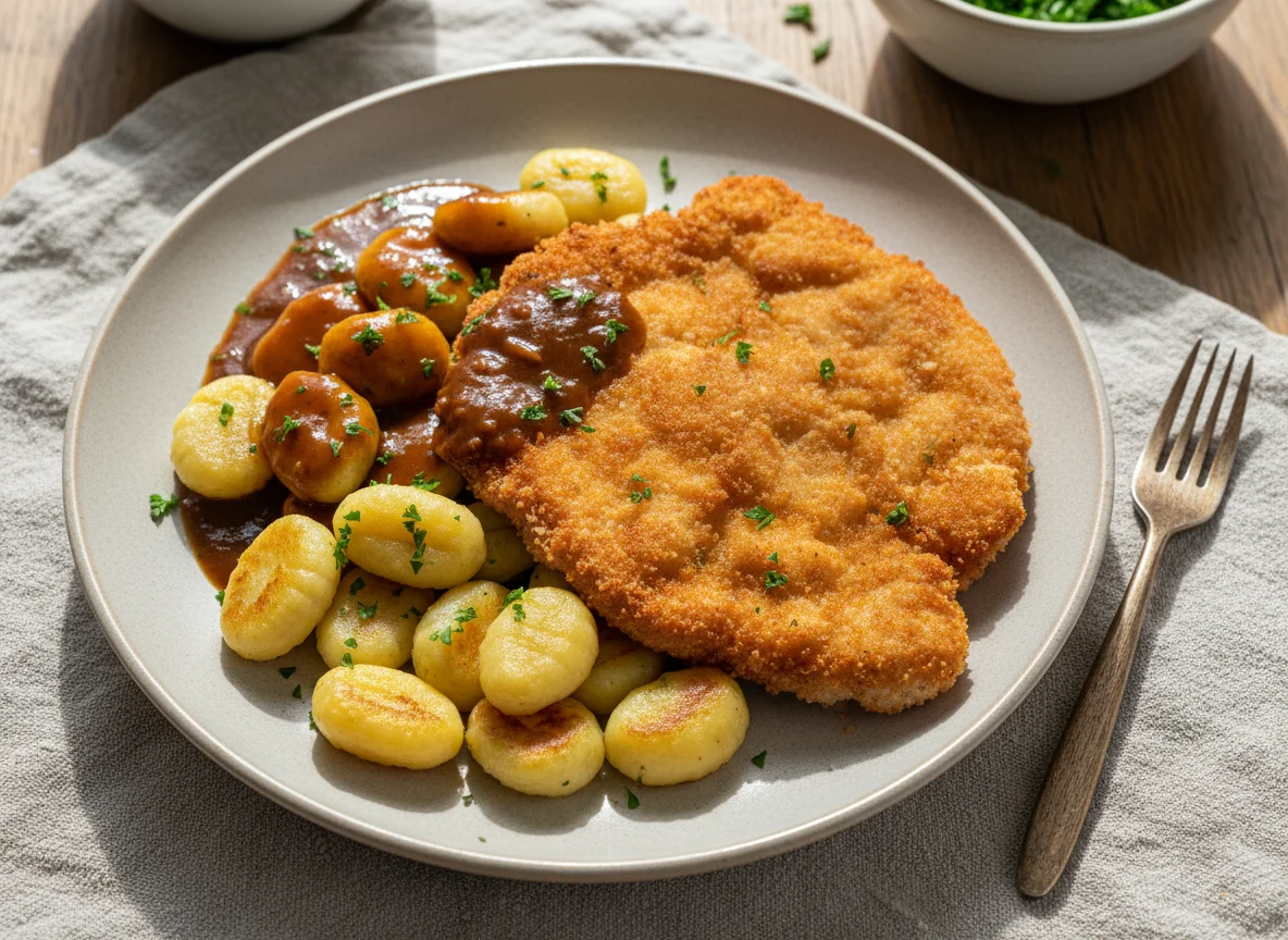 Schnitzel mit Gnocchi und Sauce photo