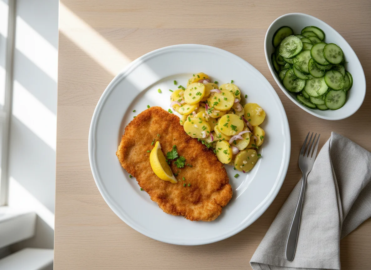 Schnitzel mit Kartoffel- und Gurkensalat photo