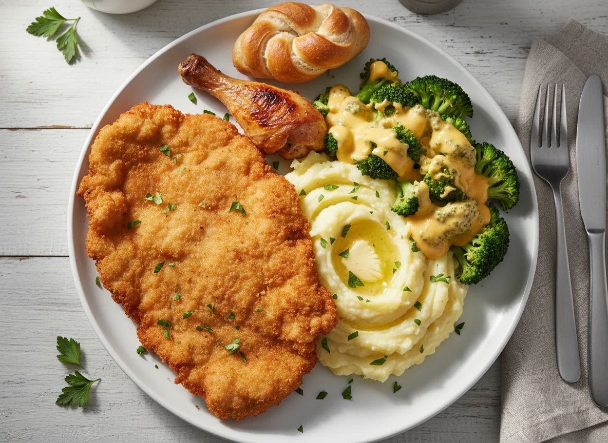 Schnitzel mit Kartoffelbrei und Gemüse photo
